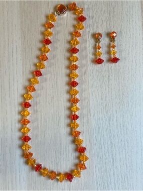 Vintage orange necklace and earring set, plastic beads, costume jewelry